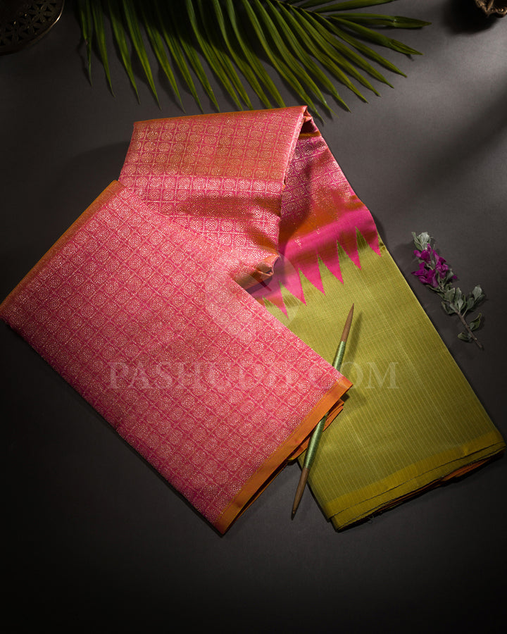 Leaf Green And Punch Pink Rising Border Kanjivaram Silk Saree - S1231( C )