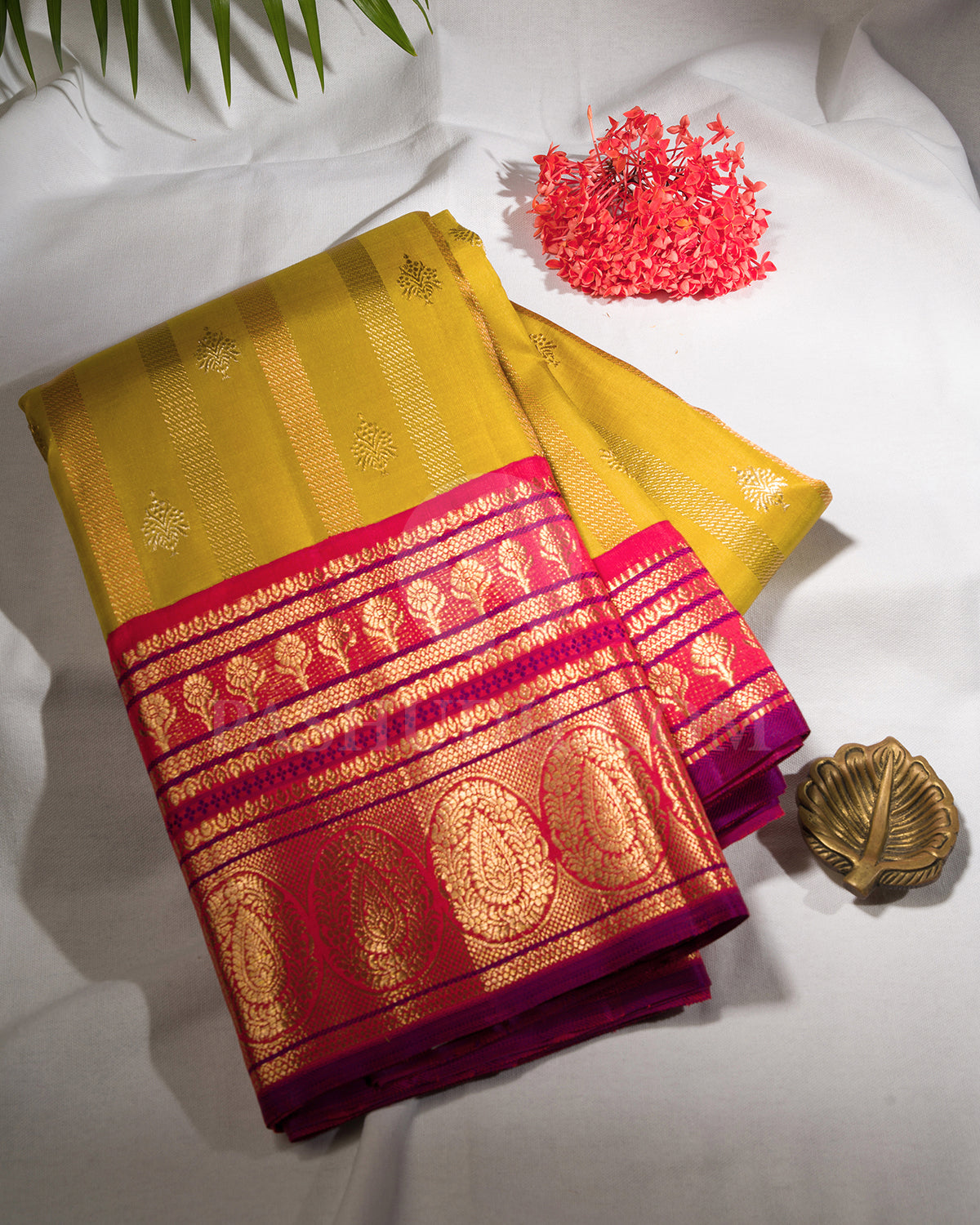 Mustard Yellow And Bright Red Kanjivaram Silk Saree - S1376(A)