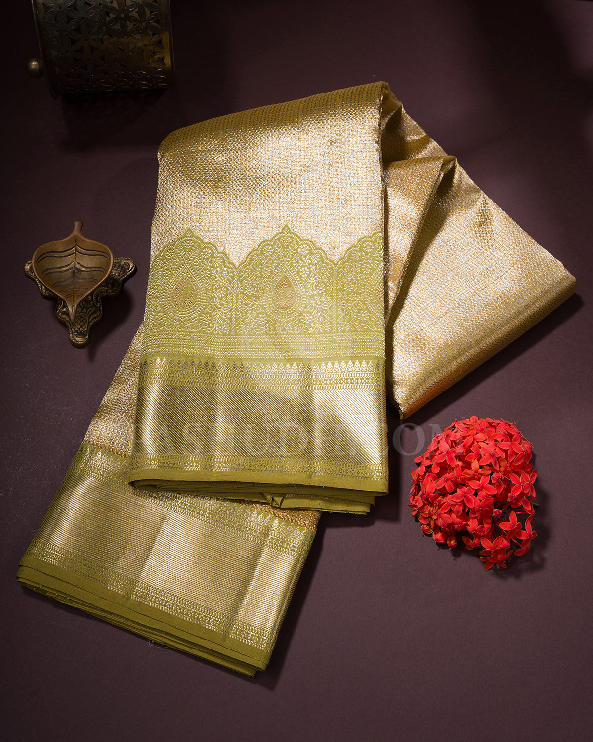 Gold And Leaf Green Shimmer Organza Kanjivaram Silk Saree - S1175(D)