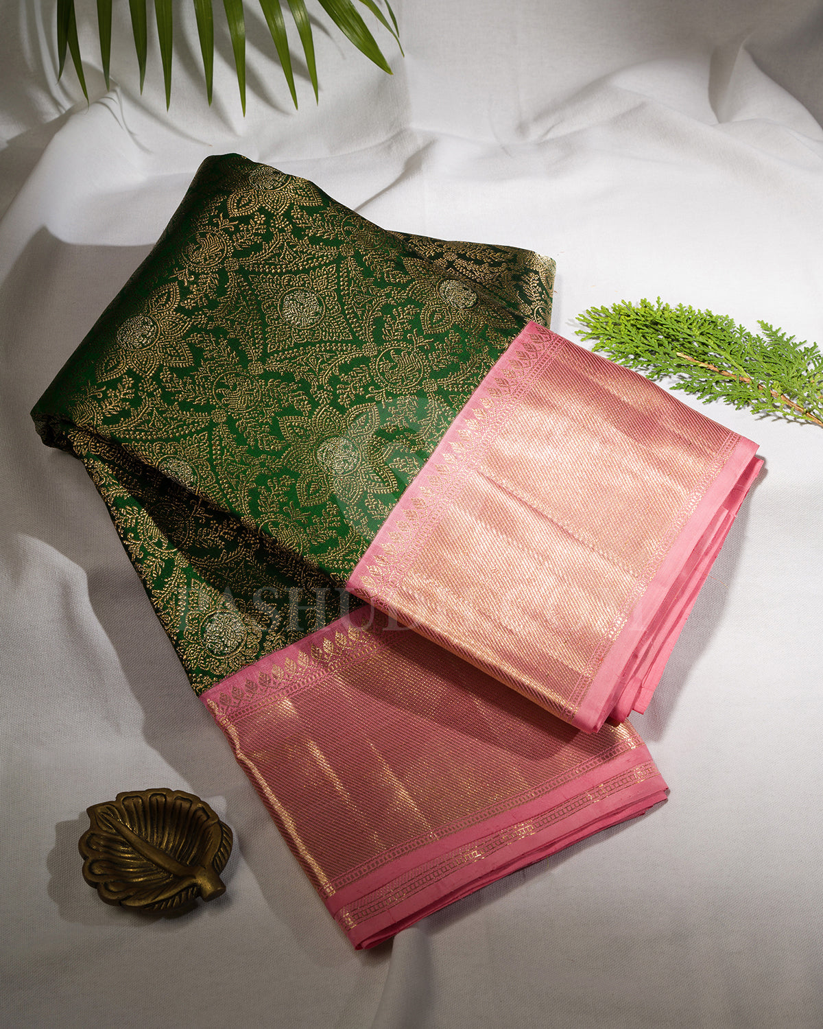 Forest Green and Baby Pink Kanijvaram Silk Saree - S1374(A)