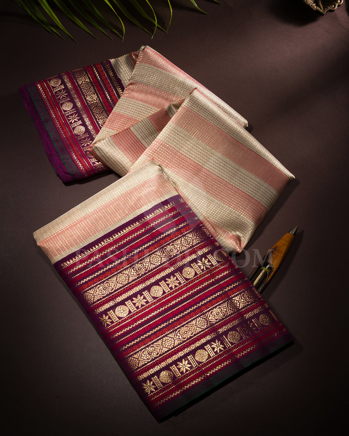 Off White, Peach And Violet Kanjivaram Silk Saree - S1413(A)