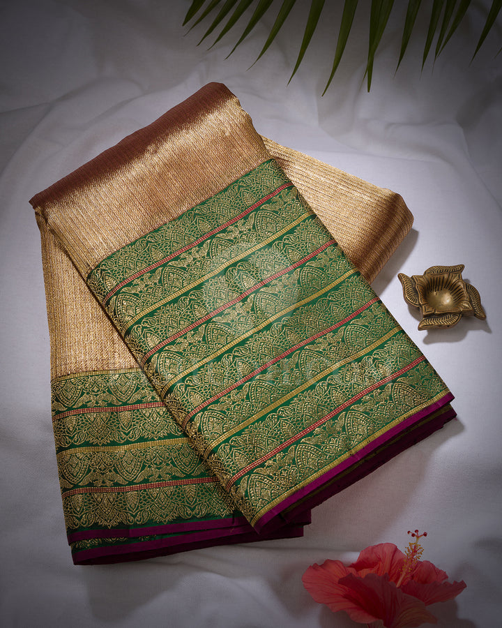Antique Gold And Forest Green Shimmer Organza Kanjivaram Silk Saree - S1332(B)