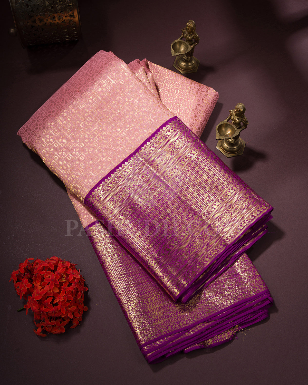 Pastel Peach And Violet Kanjivaram Silk Saree - BKB7