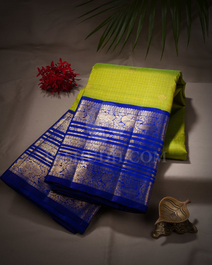 Light Green And Royal Blue Kanjivaram Silk Saree - BKF9