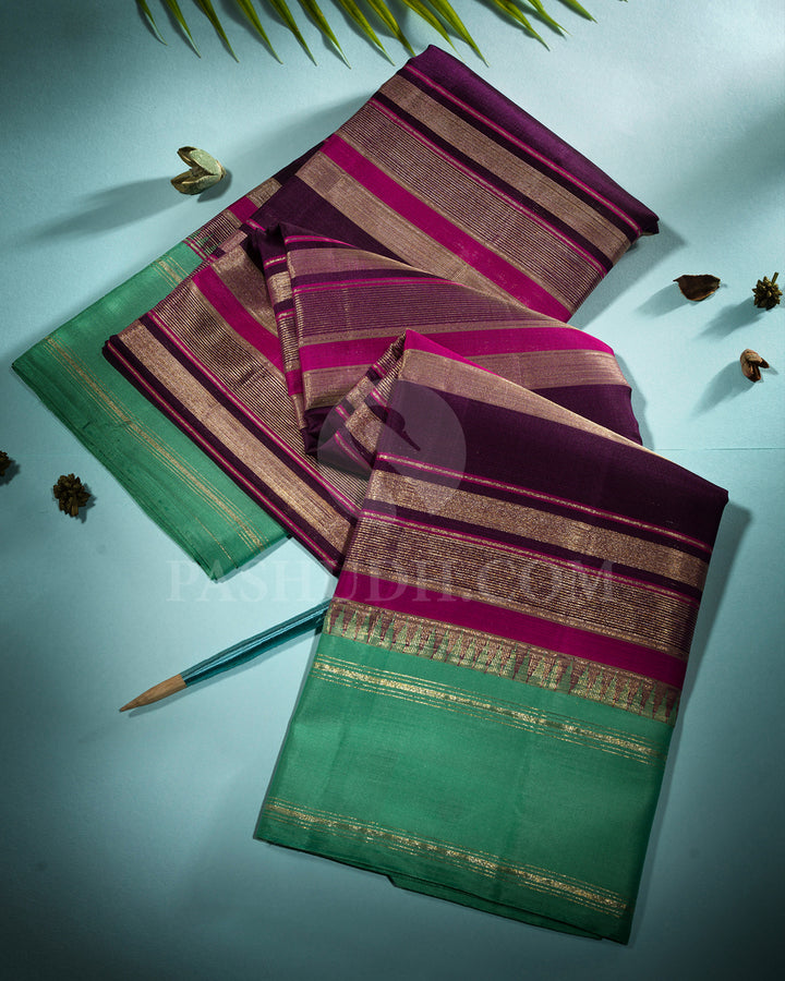 Violet , Rani Pink and Mint Green Kanjivaram Silk Saree - AK18