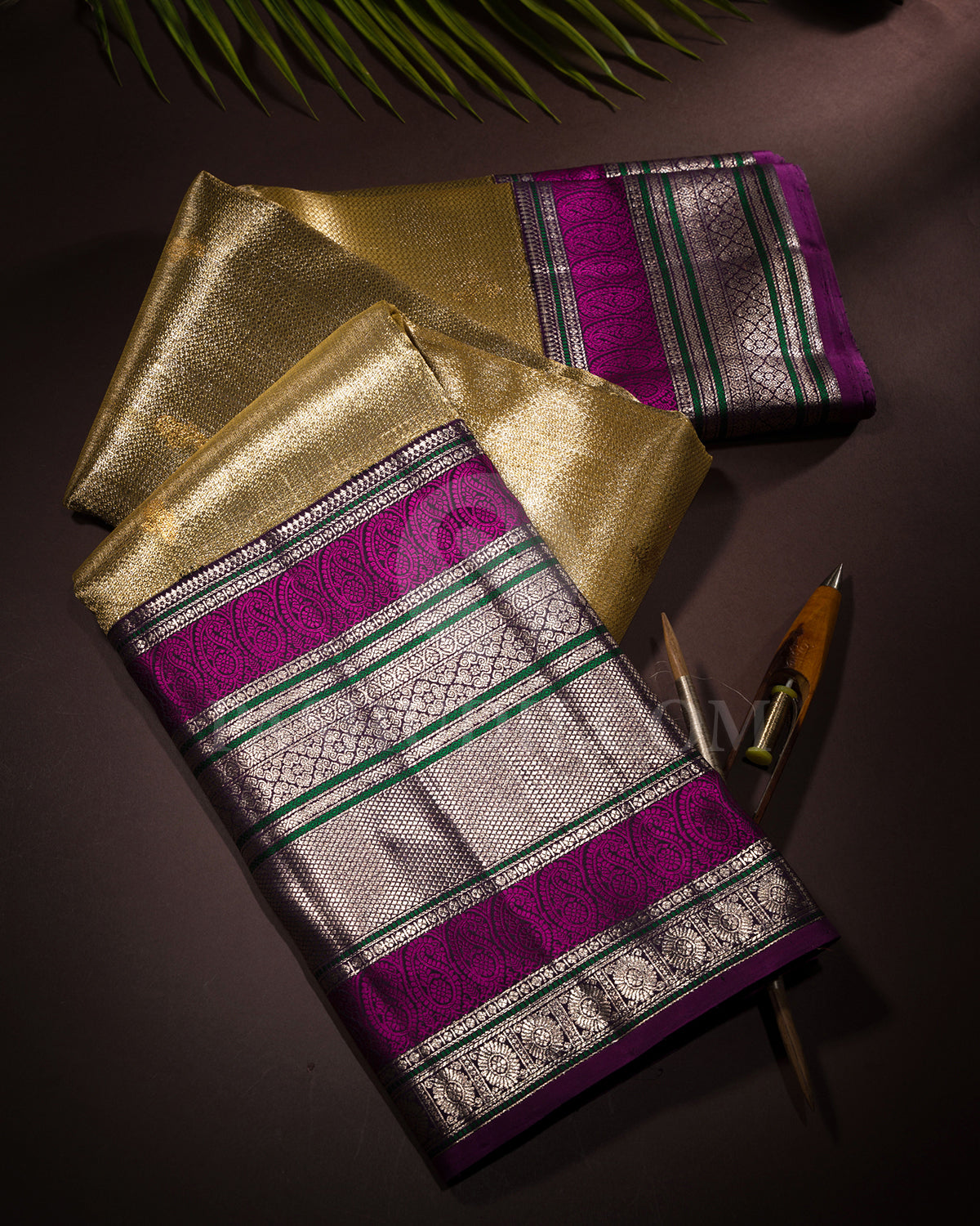 Gold Silver And Magenta Shimmer Organza Kanjivaram Silk Saree - S1418(A)