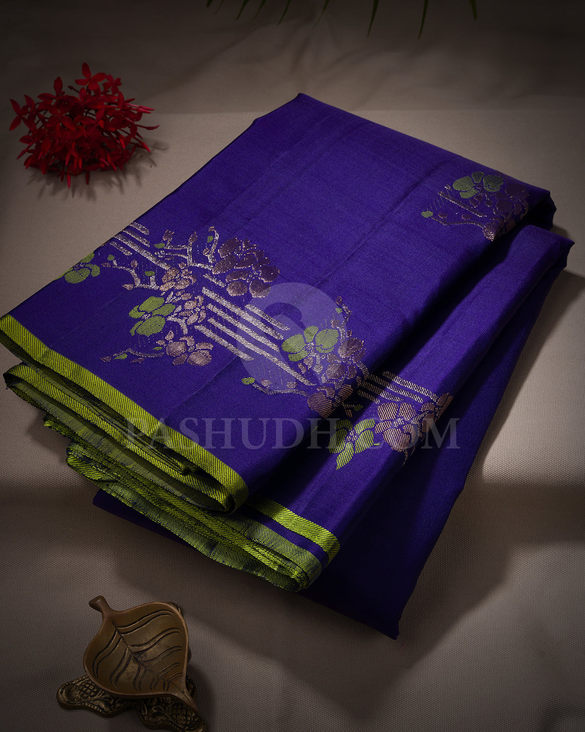 Royal Blue And Olive Green Borderless Kanjivaram Silk Saree - S1400(A)