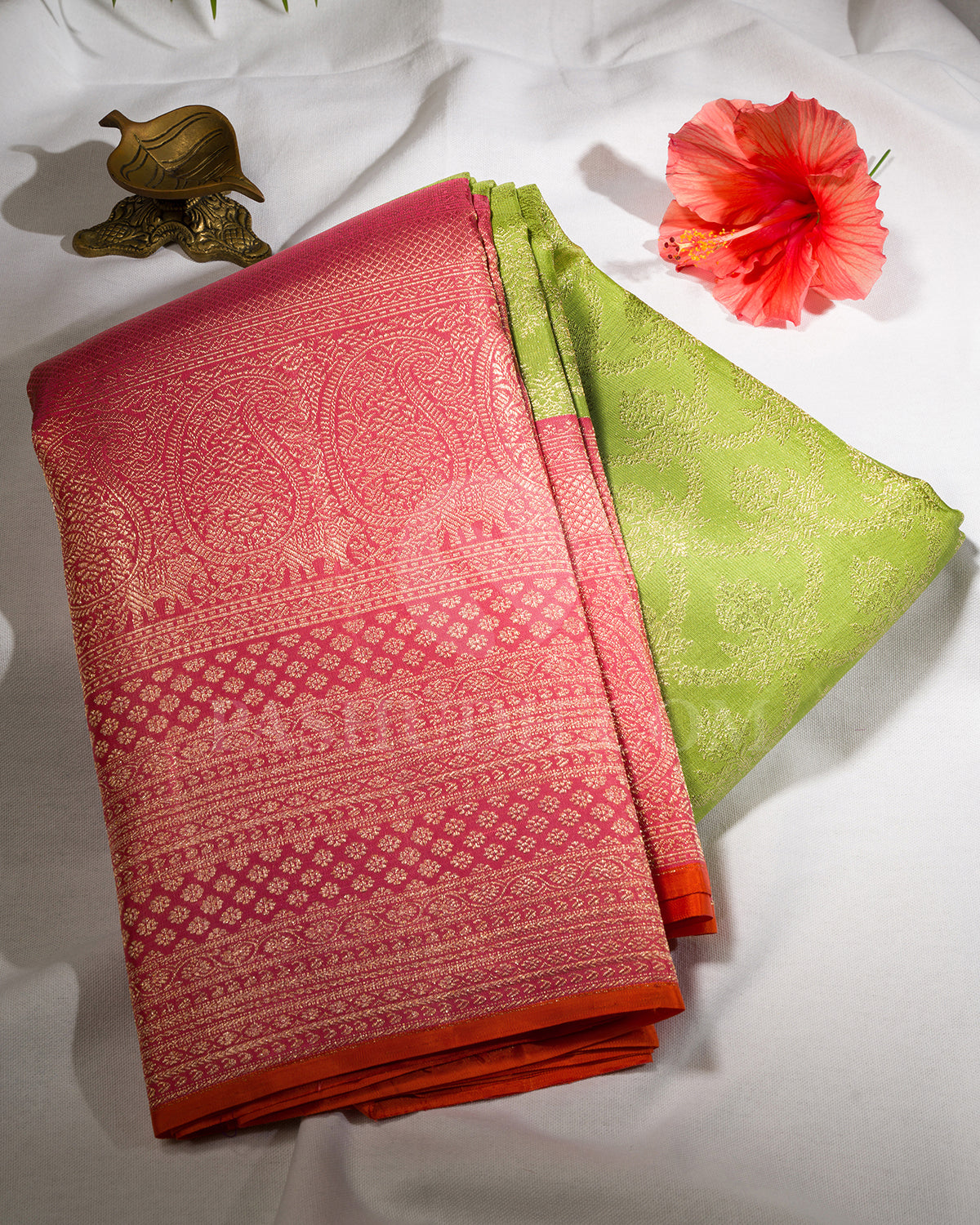 Parrot Green And Watermelon Pink Kanjivaram Silk Saree - S1372(A)