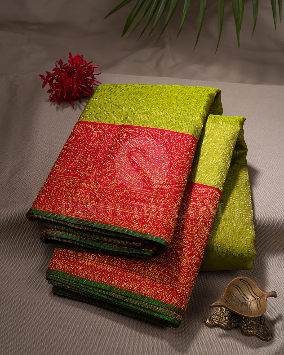 Pear Green and Red Pure Zari Kanjivaram Silk Saree - P175(A)