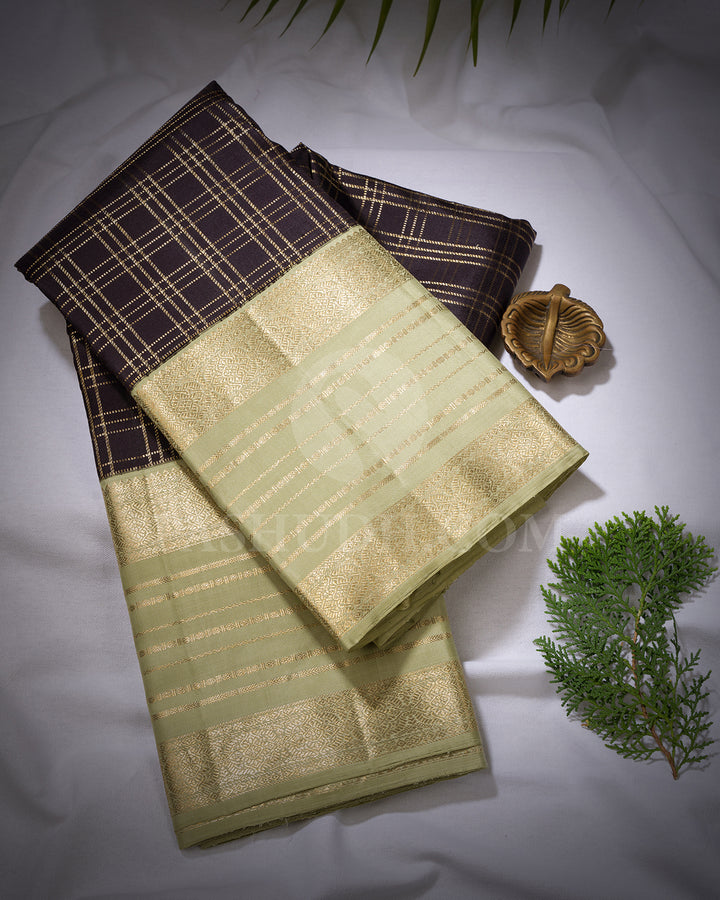 Aubergine And Pastel Sage Green Kanjivaram Silk Saree - BKF11