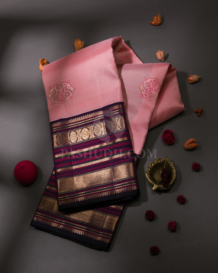 Peachy Pink & Aubergine Kanjivaram Silk Saree - S1067(A)