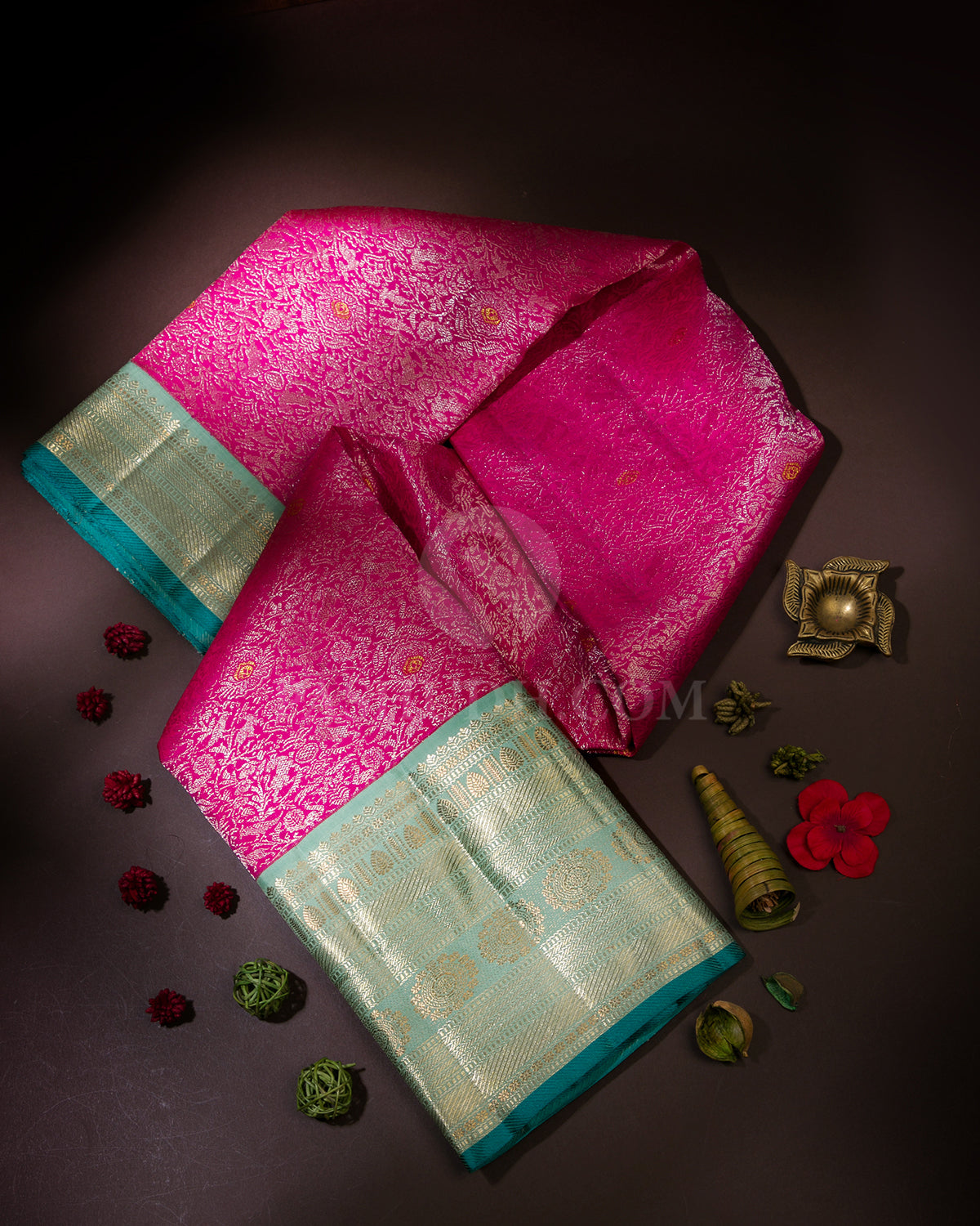 Dark Pink & Turquoise Kanjivaram Silk Saree - S892 - View 1