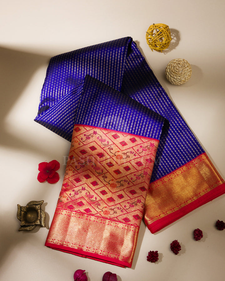 Navy Blue & Red Pure Zari Kanjivaram Silk Saree - P124