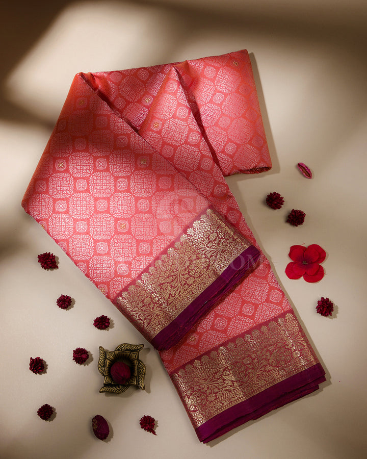 Salmon Pink and Maroon Kanjivaram Silk Saree - S919