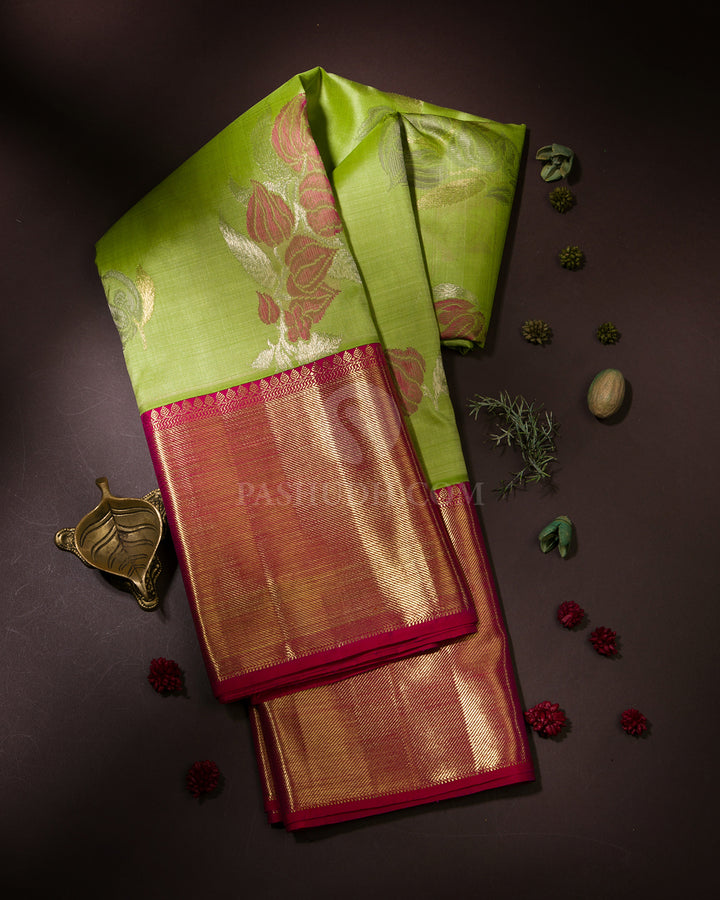 Light Green & Rani Pink Pure Zari Kanjivaram Silk Saree - P130