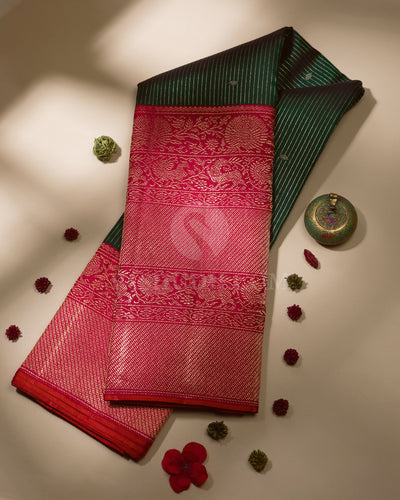 Bottle Green and Pink Shot Red Kanjivaram Silk Saree - S1106(A)