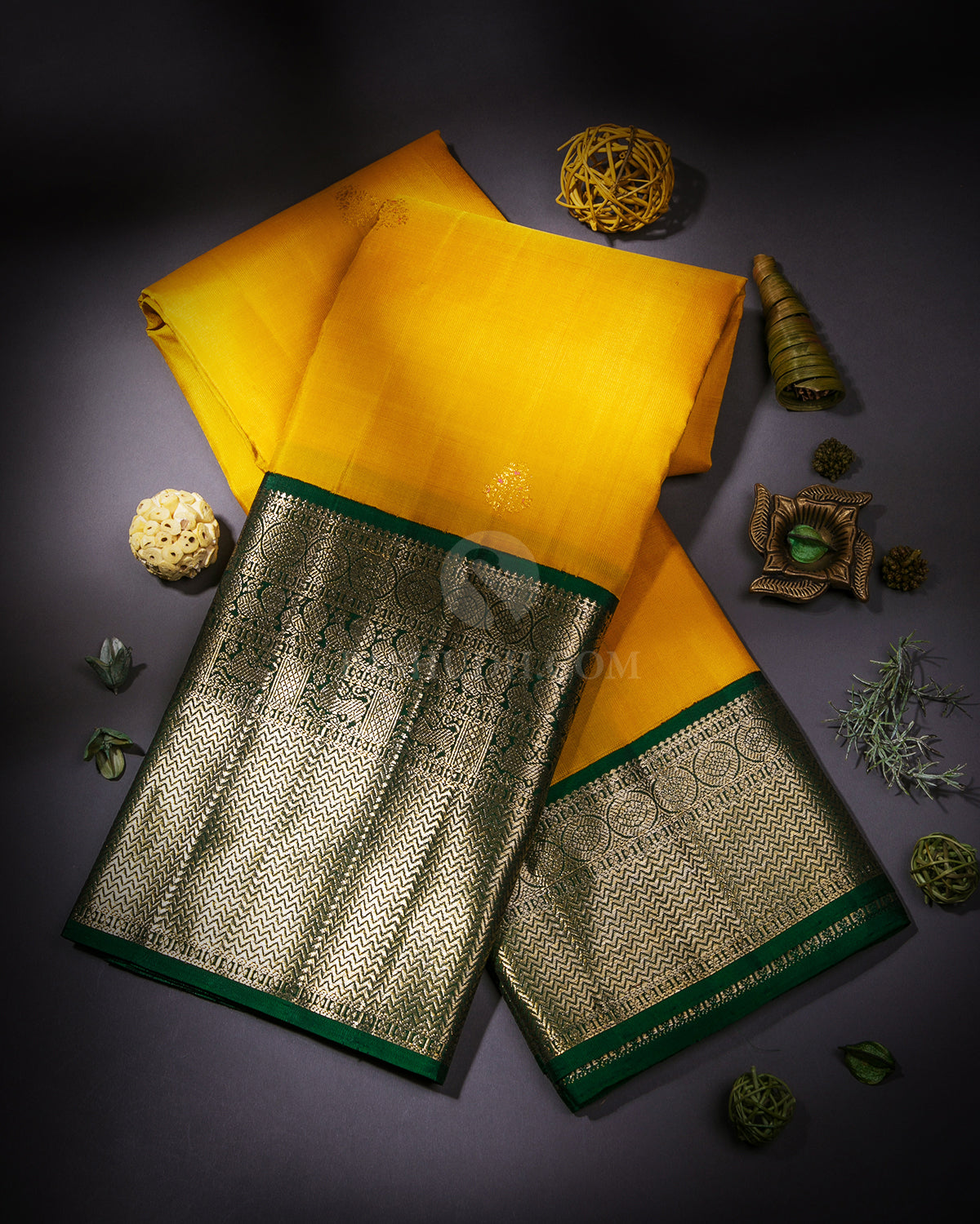 Yellow & Dark Green Kanjivaram Silk Saree - S870 - View 1