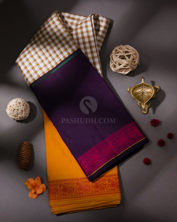 Khaki , Mustard and Navy Blue Kanjivaram Silk Saree - S787 -View 1