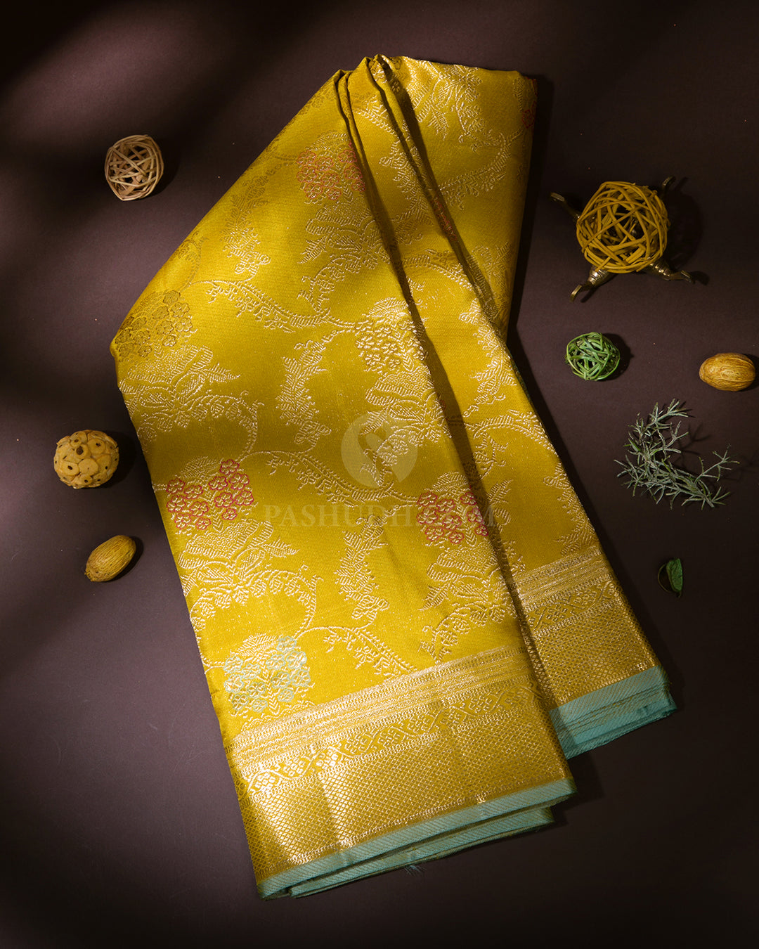 Yellow & Sky Blue Pure Zari Kanjivaram Silk Saree - S821