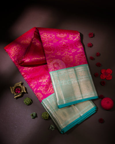 Dark Pink and Turquoise Kanjivaram Silk Saree - S916