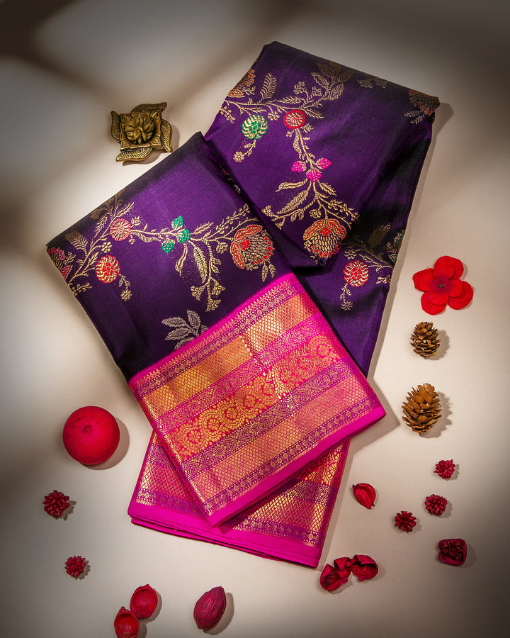 Deep Purple and Punch Pink Pure Zari Kanjivaram Silk Saree - P121