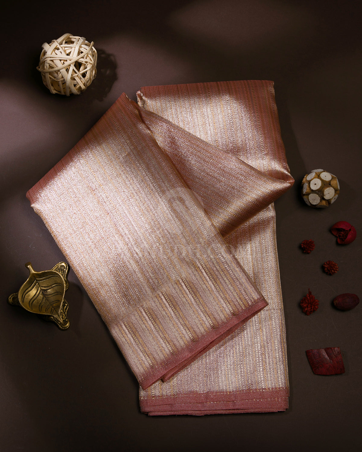 Golden Pink Organza Weave Kanjivaram Silk Saree - S714 - View 1
