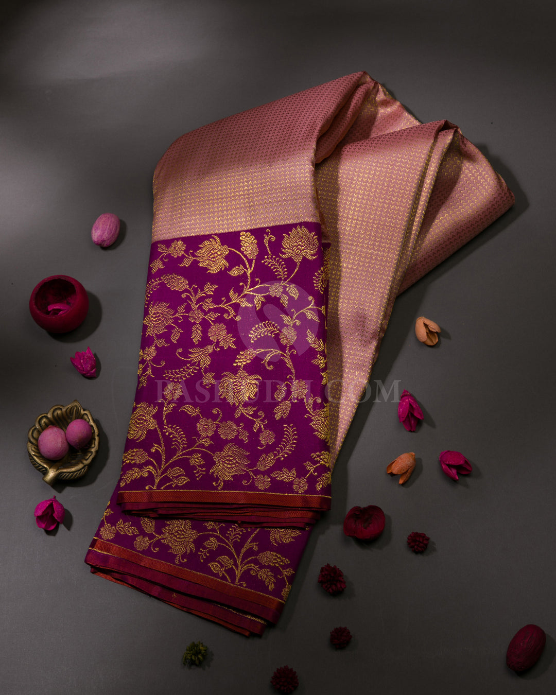 Peach Pink & Violet Kanjivaram Silk Saree - S1070(A)