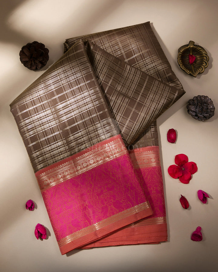 Khaki and Light Pink Kanjivaram Silk Saree - S784-View1
