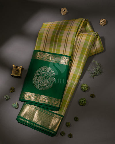 Cream, Green & Dark Green Kanjivaram Silk Saree - S1146(A)