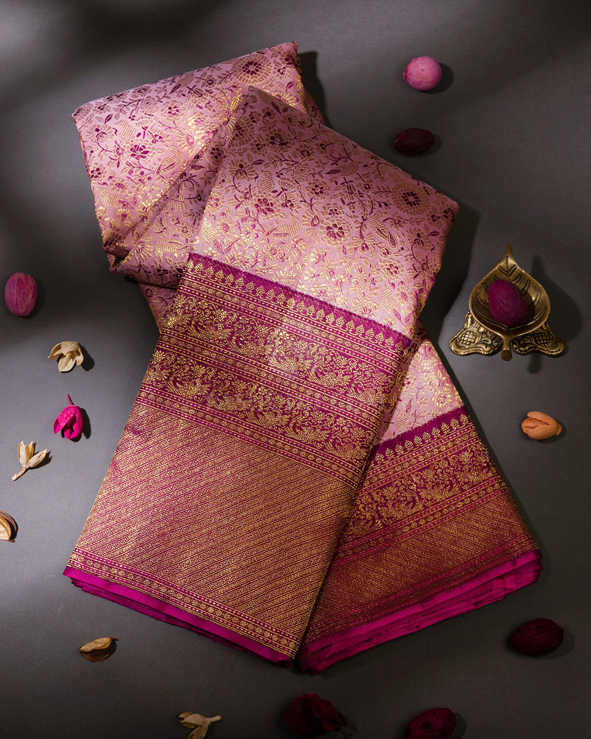 Light Pink & Purple Pure Zari Kanjivaram Silk Saree - P116 -View 1