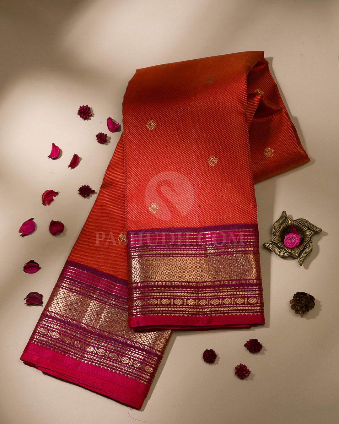 Orange & Red shot Purple Kanjivaram Silk Saree - S1094(B)