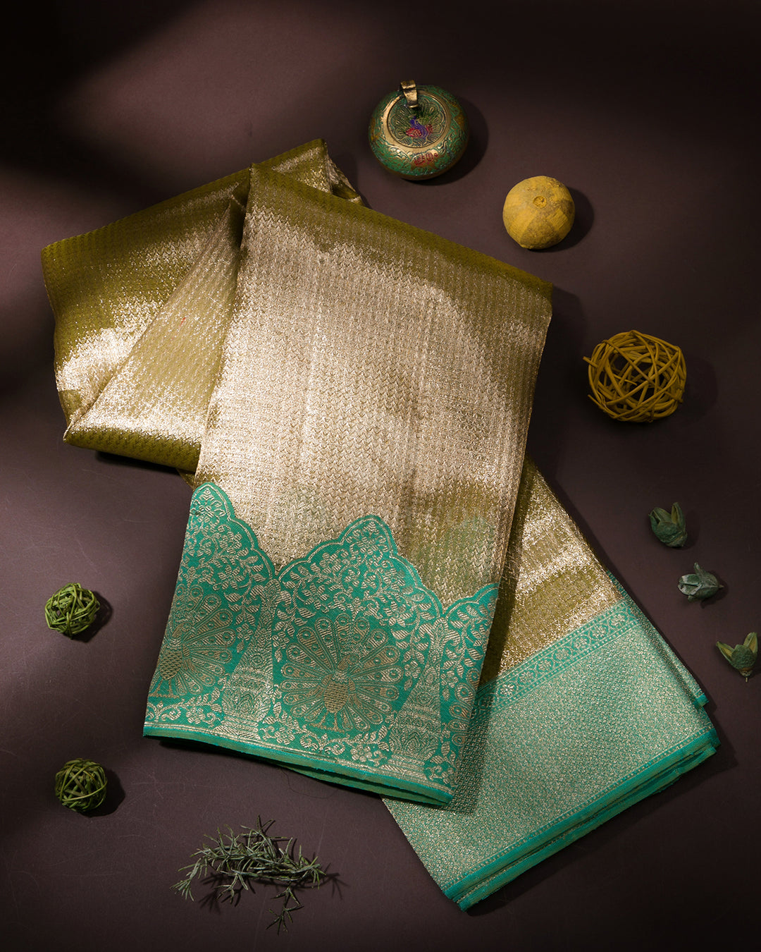 Golden and Ananda Blue Pure Zari Kanjivaram Silk Saree - S786 - View 1