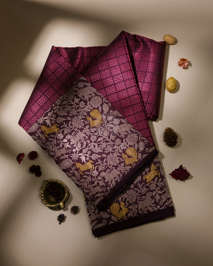 Betel Nut (Maroon) & Aubergine Kanjivaram Silk Saree - S1002