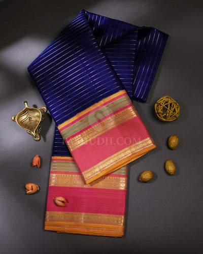 Dark Blue, Peach and Pink Kanjivaram Silk Saree - S706- View 1