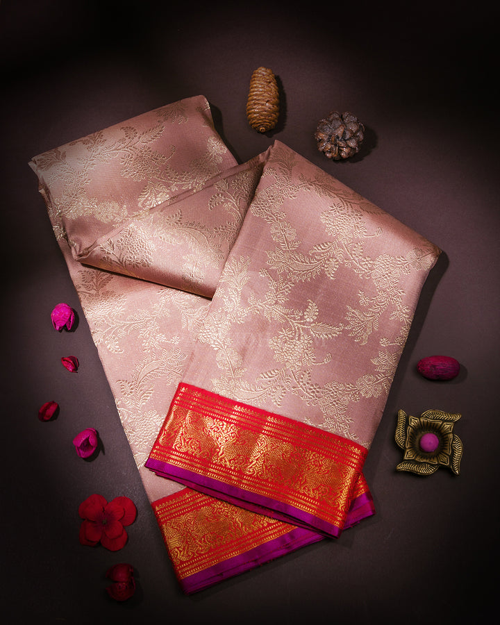 Pastel Old Rose & Red Kanjivaram Silk Saree - S849 - View 1