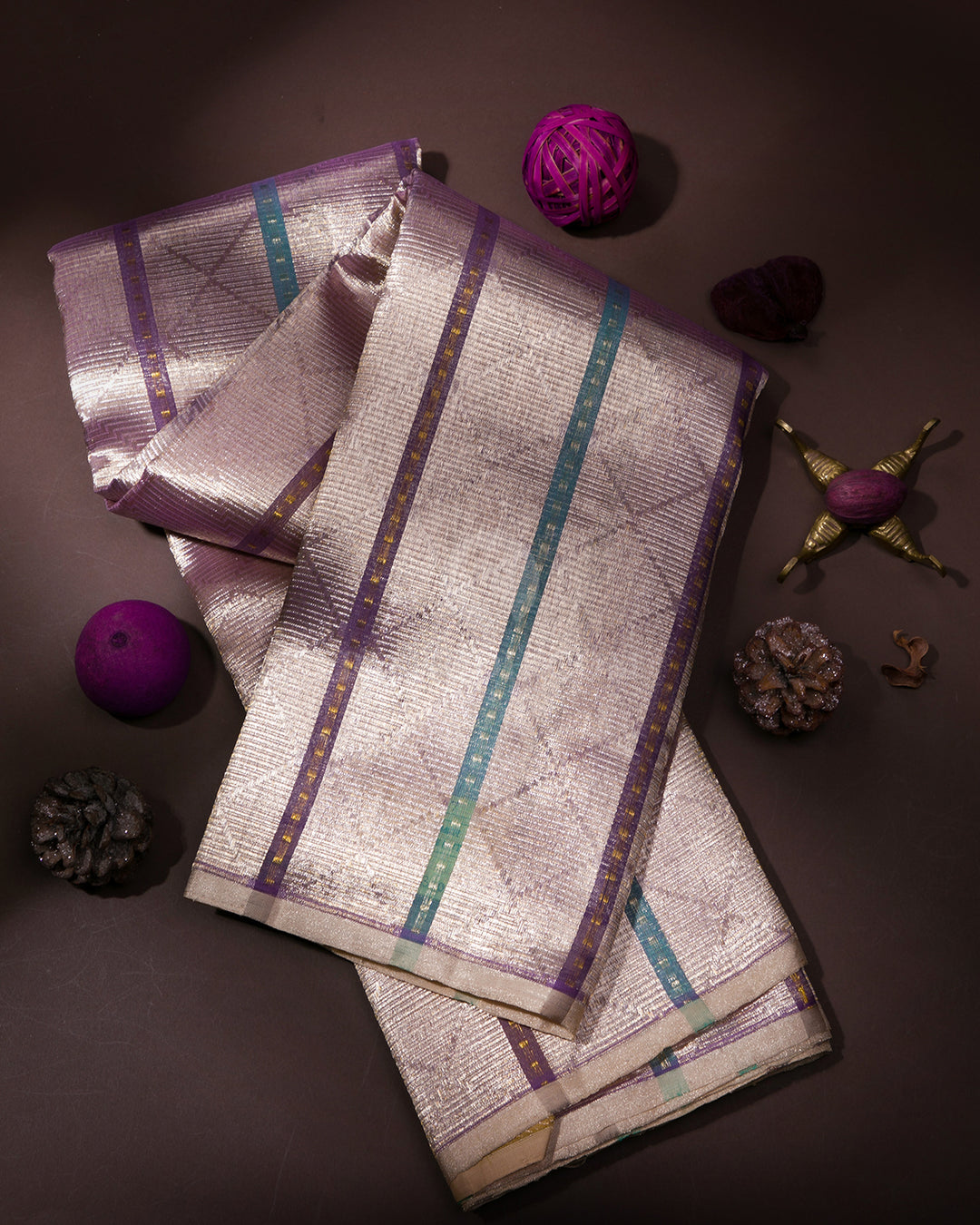 Light Lavender & Khaki Organza Kanjivaram Silk Saree - S747 - View 1