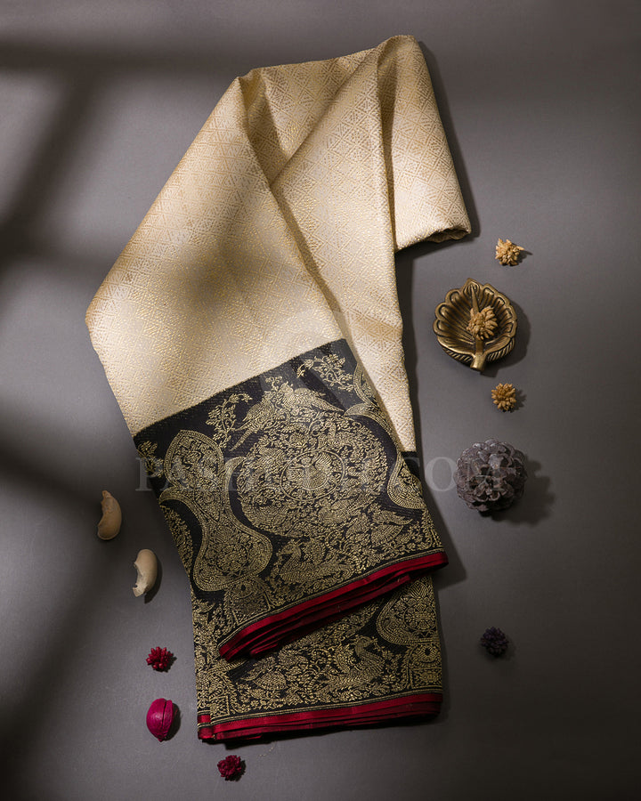 Cream And Black Pure Zari Kanjivaram Silk Saree - P153(A)
