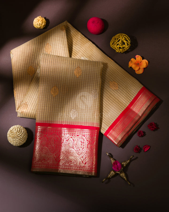 Light Khaki and Red  Zari Kanjivaram Silk Saree - S846 - View 1