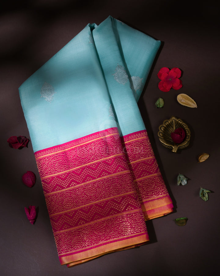 Sky Blue and Pink Zari Kanjivaram Silk Saree - S847 - View 1