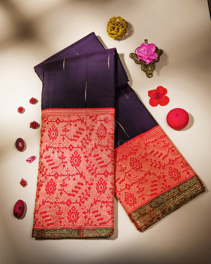 Deep Purple & Red Paithani Inspired Kanjivaram Silk Saree - S878 - View 1