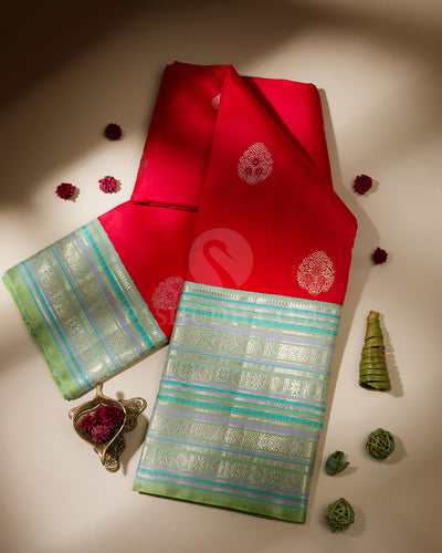 Red and Sage Green Kanjivaram Silk Saree - S908 - View 1