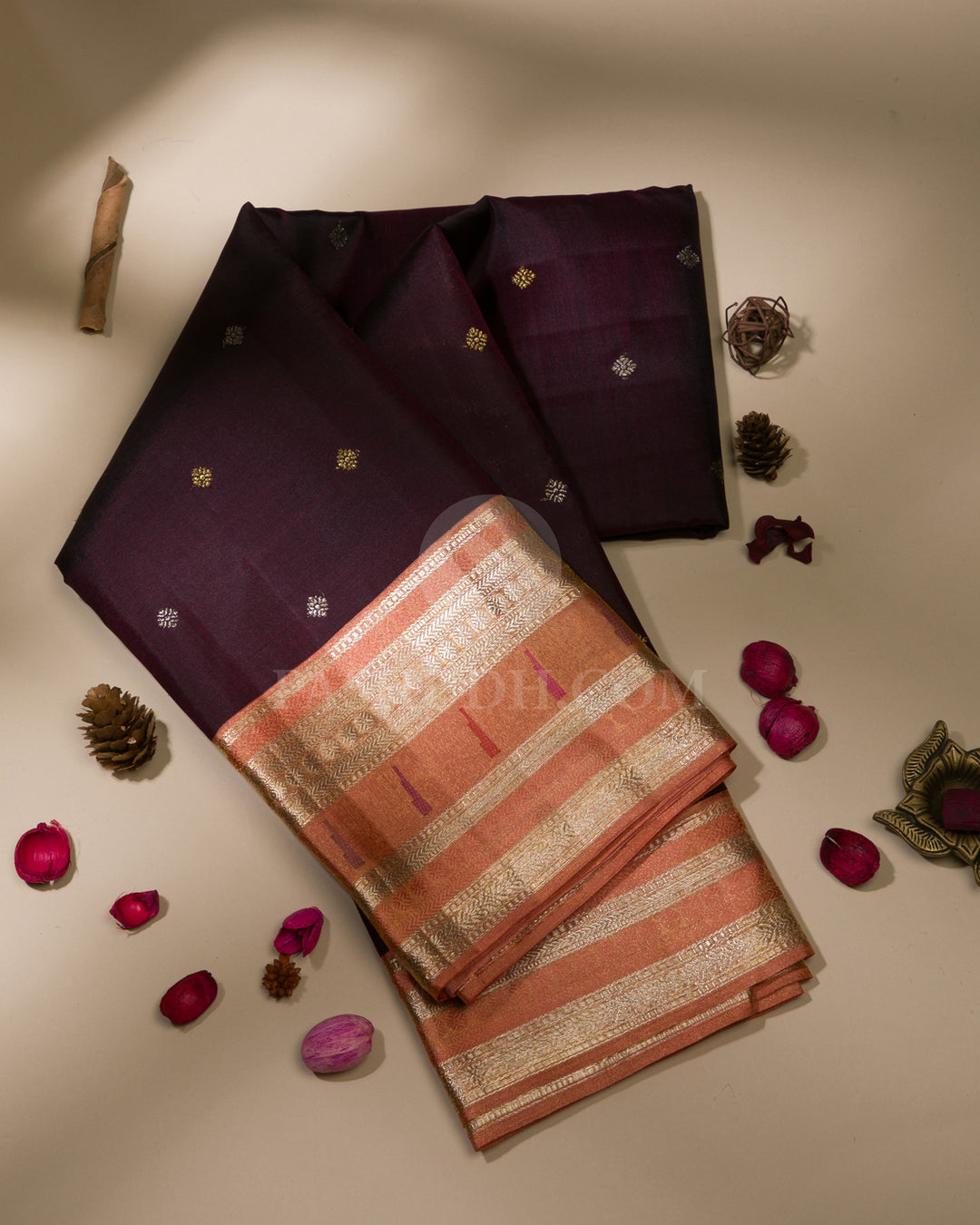 Wine And Pale Orange Pure Zari Paithani Kanjivaram Silk Saree - P141(B)