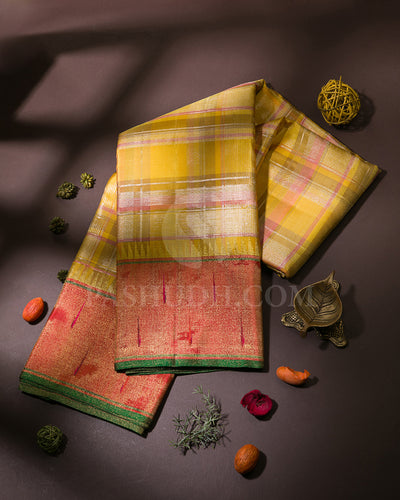 Turmeric Yellow And Red Pure Zari Paithani Kanjivaram Silk Saree - P143(B)