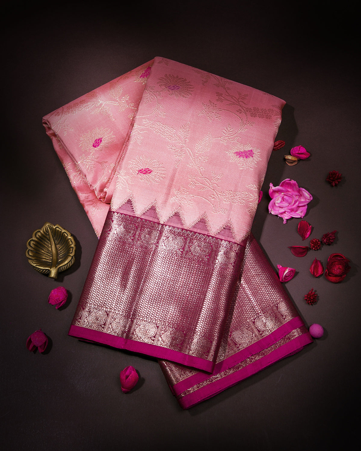 Pink & Burgundy Kanjivaram Silk Saree - S881 - View 1