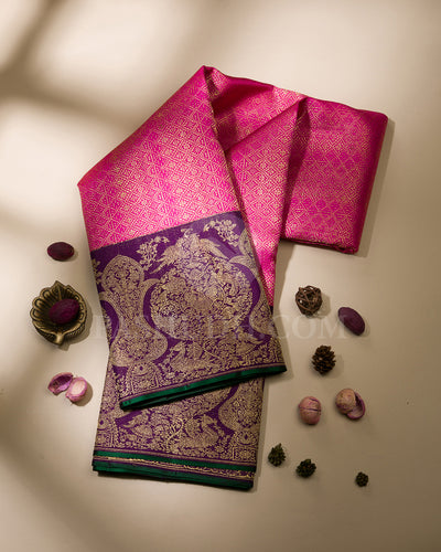 Candy Pink And Deep Violet Pure Zari Kanjivaram Silk Saree - P153(B)
