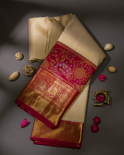 Ivory & Maroon Pure Zari Kanjivaram Silk Saree - P144(A)