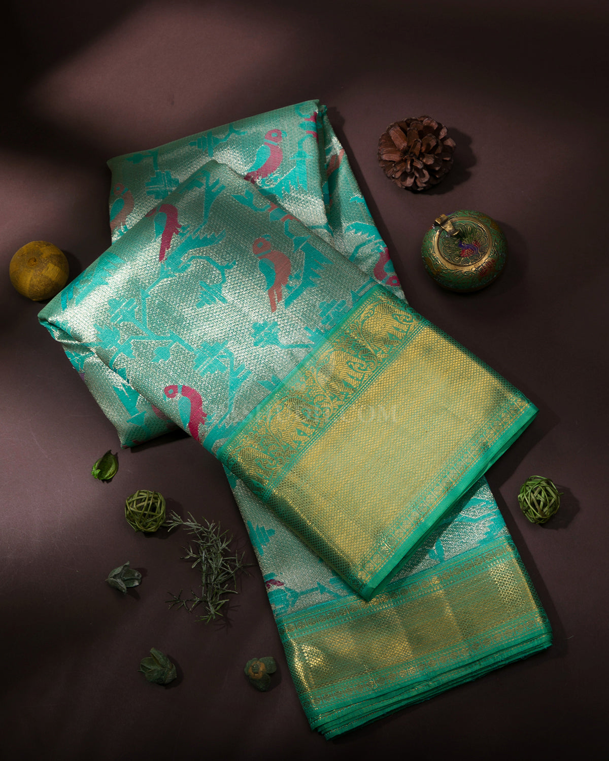 Mint Green and Parrot Green Pure Zari Kanjivaram Silk Saree - P115 - View 1