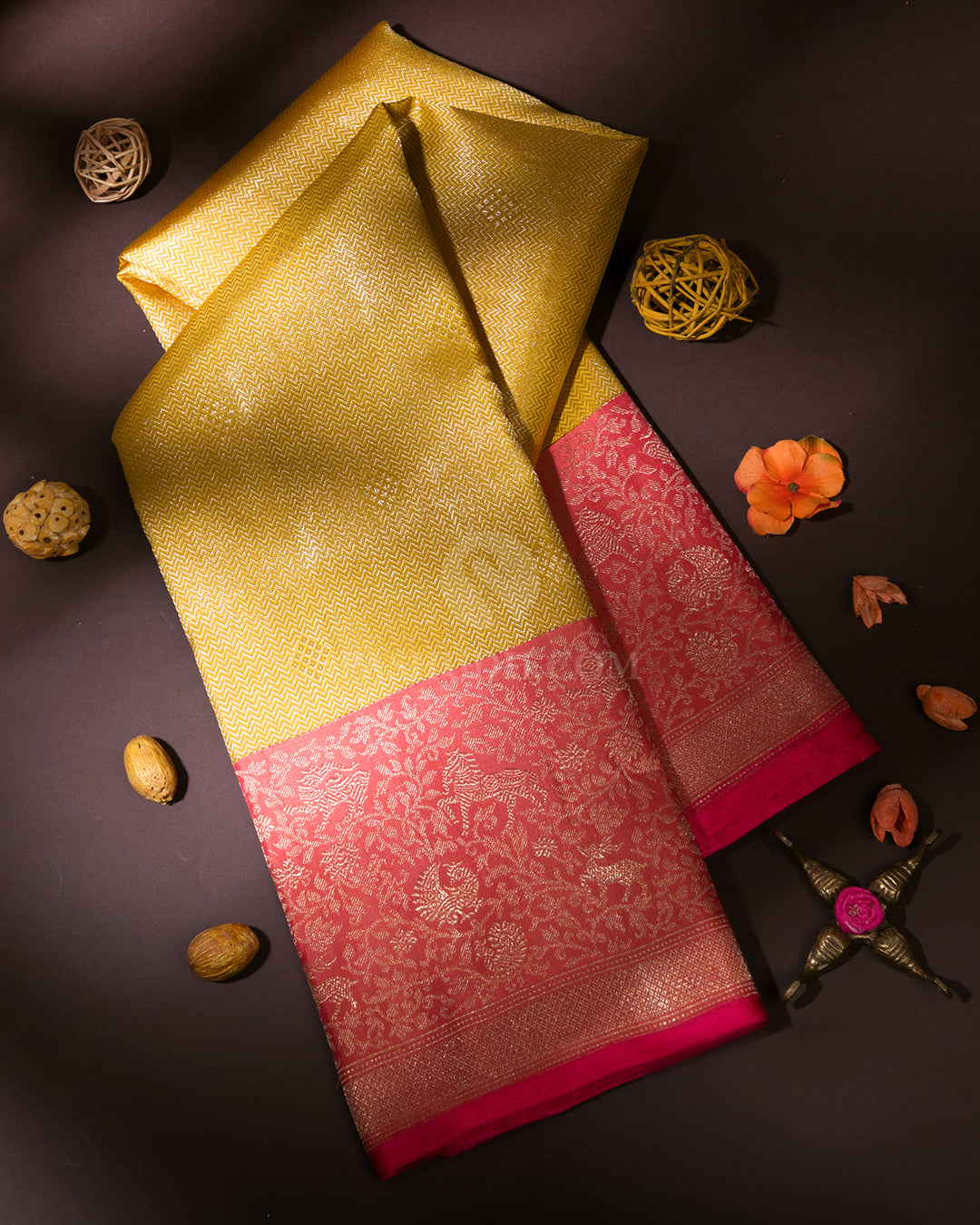 Lemon Yellow & Orange Zari Kanjivaram Silk Saree - S806 - View 1