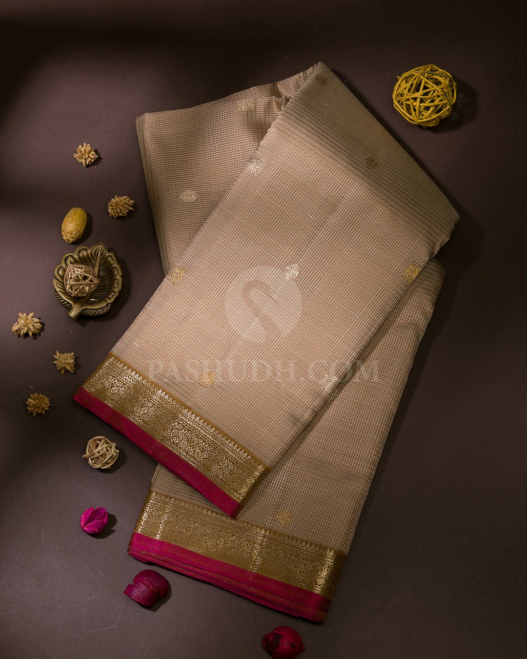 Beige & Moss Green Kanjivaram Silk Saree - S1122(A)