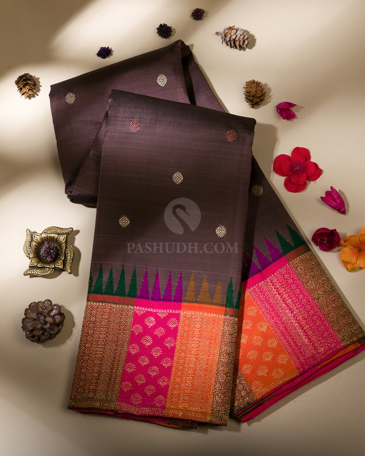Brown & Multicolour Kanjivaram Silk Saree - S842 - View 1
